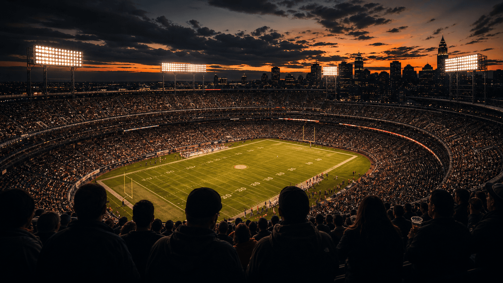 Upper-deck stadium view at dusk